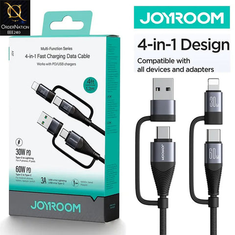 JOYROOM SA37-2T2 60W Multifunction Data Cable   60W 4-in-1 Fast Charging Data Cable (USB-A+Type-C to Lightning+Type-C) 1.2m - Black