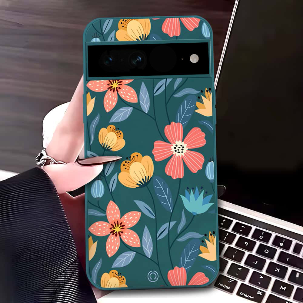 Google Pixel 7 Cover - Dark Green - D2 - ONation Floral Series - HQ Liquid Silicone Soft Case