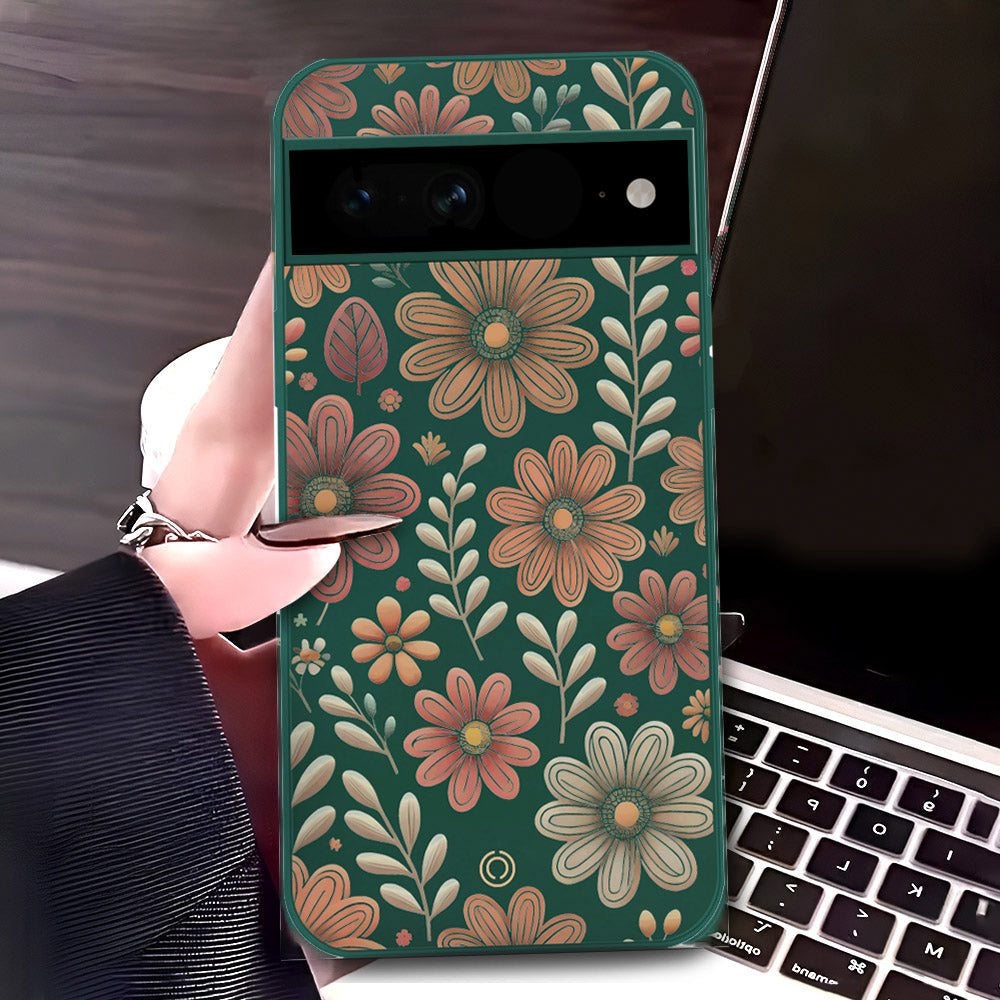 Google Pixel 7 Cover - Dark Green - D4 - ONation Floral Series - HQ Liquid Silicone Soft Case