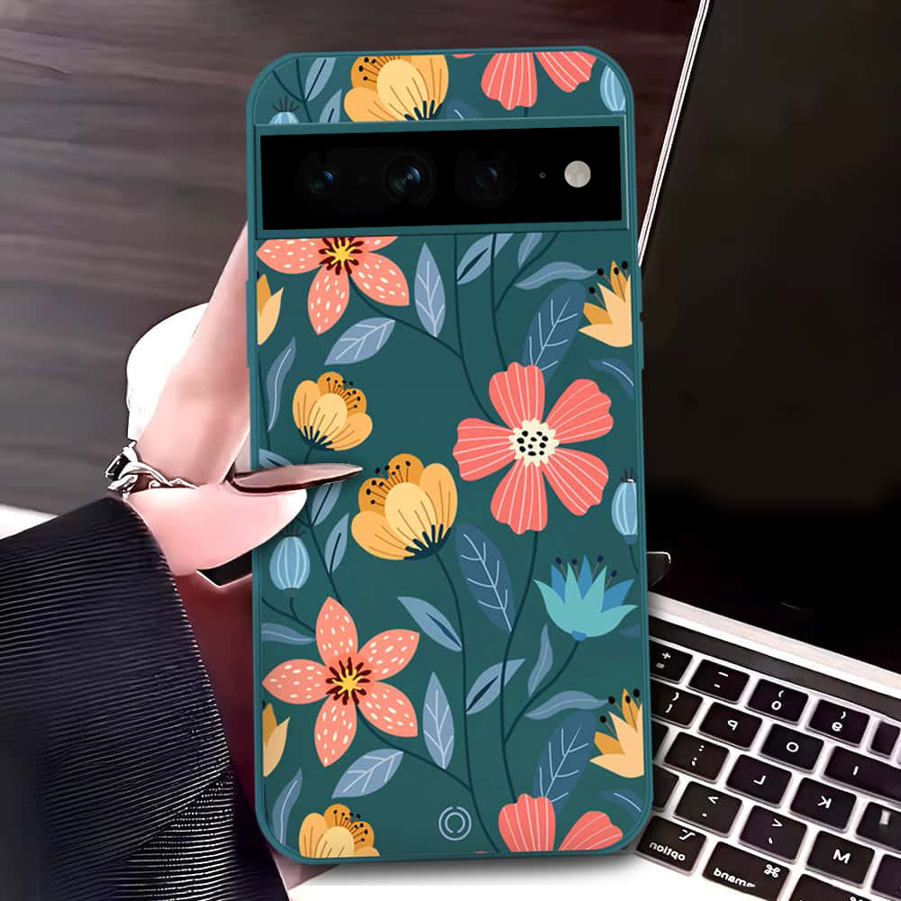 Google Pixel 7 Pro Cover - Dark Green - D2 - ONation Floral Series - HQ Liquid Silicone Soft Case