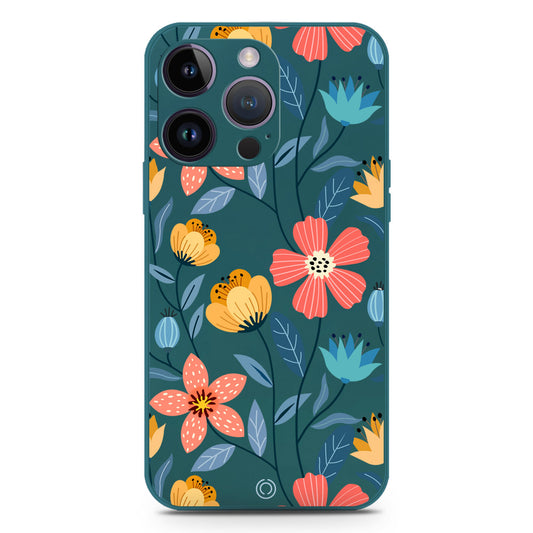 iPhone 14 Pro Cover - Dark Green - D2 - ONation Floral Series - HQ Liquid Silicone Soft Case