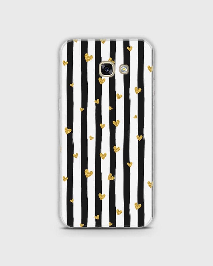 Samsung A3 2017 - Trendy Black & White Lining With Golden Hearts Printed Hard Case With Life Time Colors Guarantee (Fast Delivery)