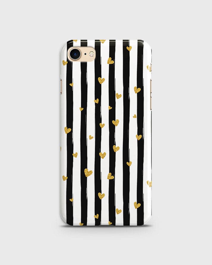 iPhone 7 & iPhone 8 - Trendy Black & White Lining With Golden Hearts Printed Hard Case With Life Time Colors Guarantee ( Fast Delivery )