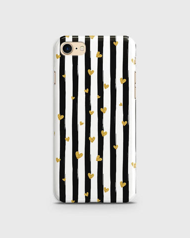 iPhone 7 & iPhone 8 - Trendy Black & White Lining With Golden Hearts Printed Hard Case With Life Time Colors Guarantee ( Fast Delivery )