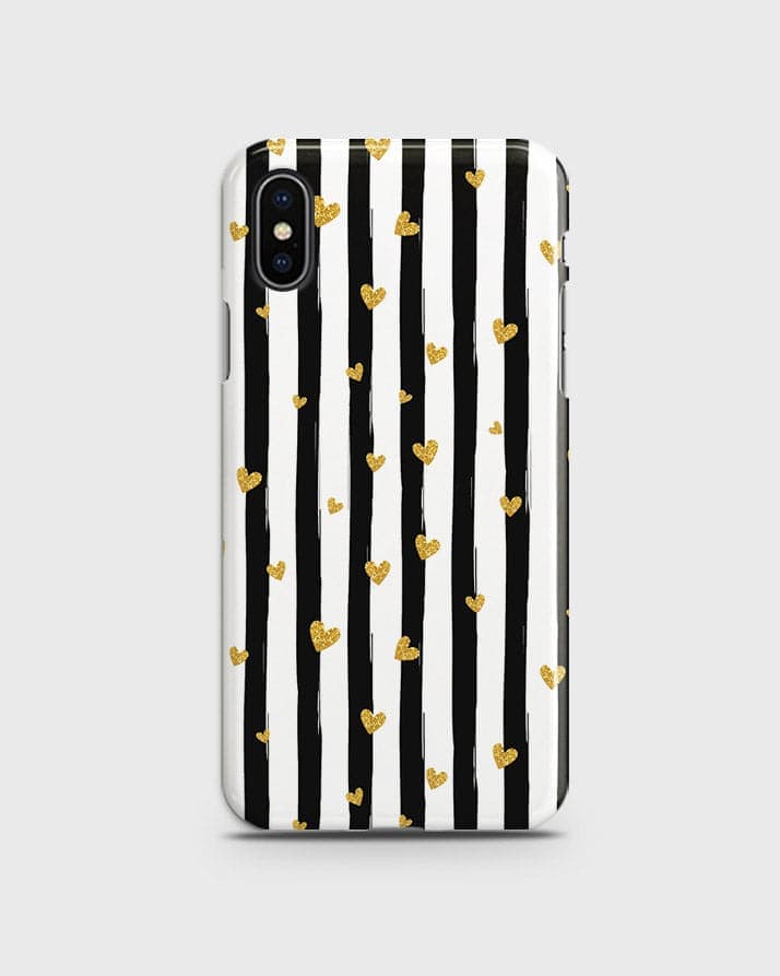 iPhone X - Trendy Black & White Lining With Golden Hearts Printed Hard Case With Life Time Colors Guarantee B84 ( Fast Delivery )