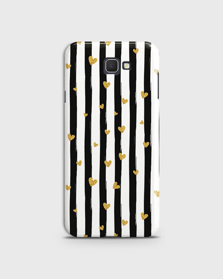 Samsung Galaxy J7 Prime 2 - Trendy Black & White Lining With Golden Hearts Printed Hard Case With Life Time Colors Guarantee ( Fast Delivery )