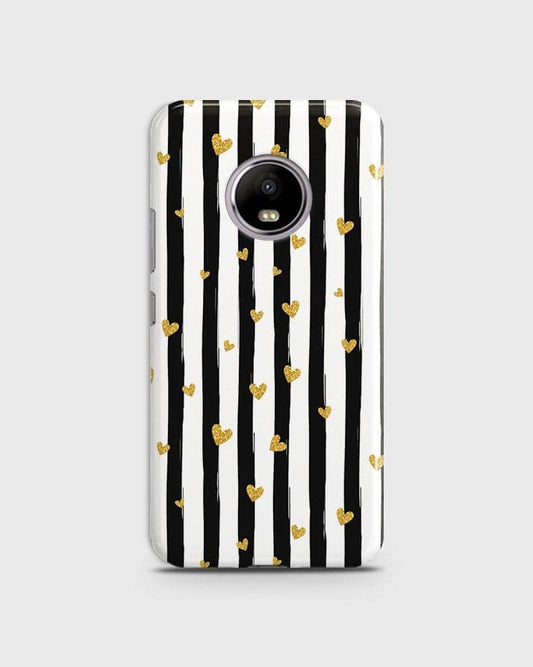 Motorola Moto E4  - Trendy Black & White Lining With Golden Hearts Printed Hard Case With Life Time Colors Guarantee (Fast Delivery)