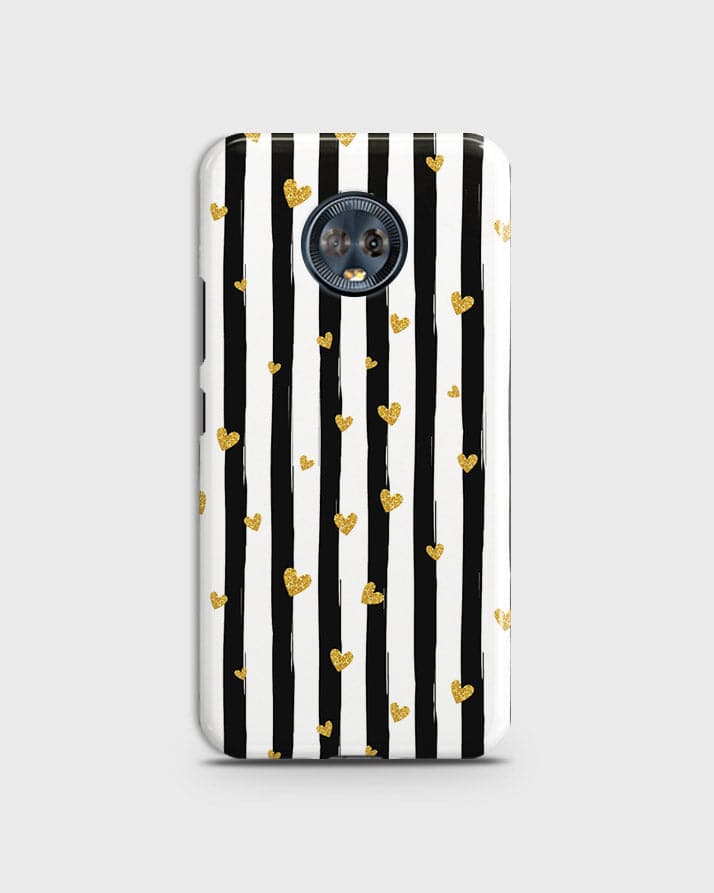 Motorola Moto G6 Plus  - Trendy Black & White Lining With Golden Hearts Printed Hard Case With Life Time Colors Guarantee (Fast Delivery)