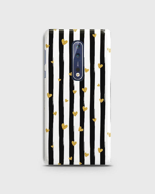 Nokia 8  - Trendy Black & White Lining With Golden Hearts Printed Hard Case With Life Time Colors Guarantee b55 ( Fast Delivery )