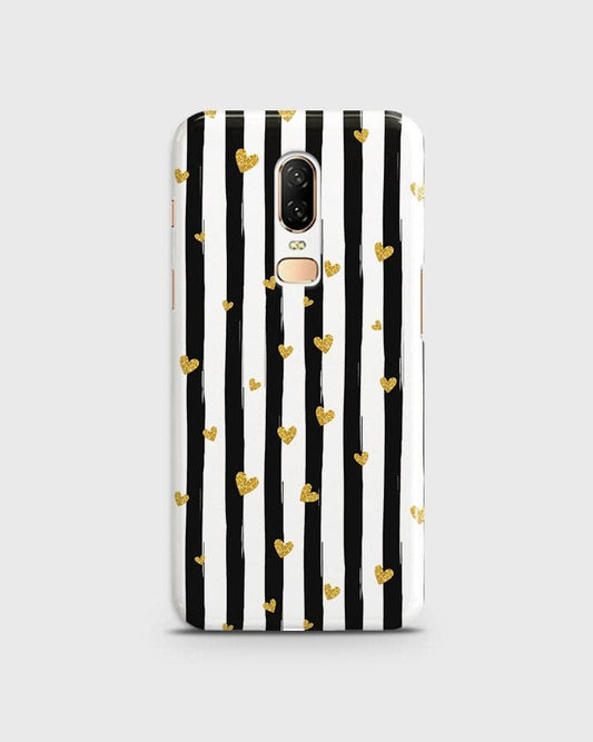 OnePlus 6  - Trendy Black & White Lining With Golden Hearts Printed Hard Case With Life Time Colors Guarantee ( Fast Delivery )