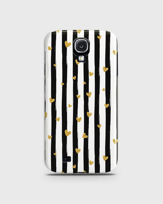 Samsung Galaxy S4 - Trendy Black & White Lining With Golden Hearts Printed Hard Case With Life Time Colors Guarantee ( Fast Delivery )