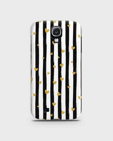 Samsung Galaxy S4 - Trendy Black & White Lining With Golden Hearts Printed Hard Case With Life Time Colors Guarantee ( Fast Delivery )