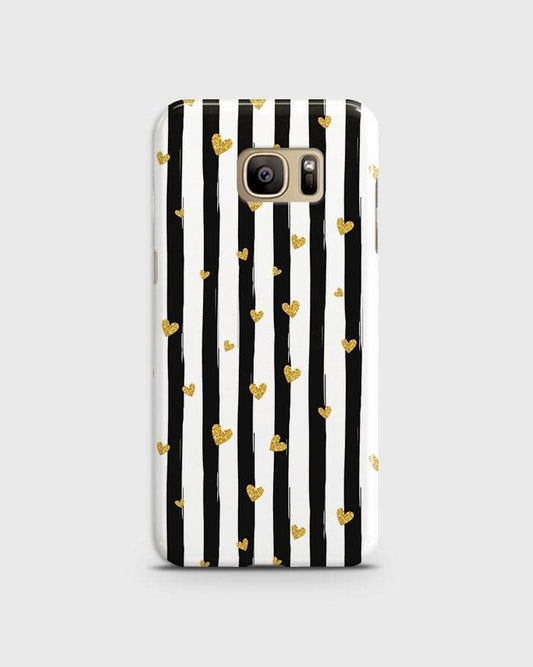 Samsung Galaxy S7 - Trendy Black & White Lining With Golden Hearts Printed Hard Case With Life Time Colors Guarantee ( Fast Delivery )