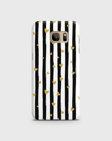 Samsung Galaxy S7 - Trendy Black & White Lining With Golden Hearts Printed Hard Case With Life Time Colors Guarantee ( Fast Delivery )