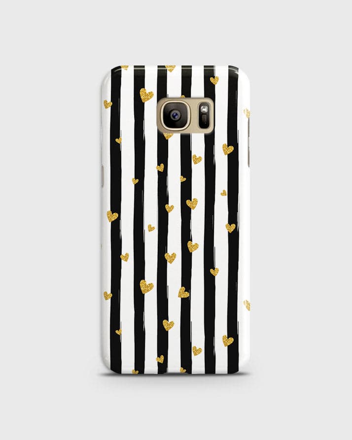 Samsung Galaxy S7 Edge - Trendy Black & White Lining With Golden Hearts Printed Hard Case With Life Time Colors Guarantee ( Fast Delivery )