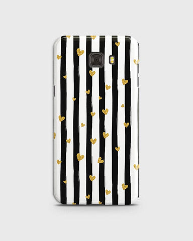 Samsung C7 Pro - Trendy Black & White Lining With Golden Hearts Printed Hard Case With Life Time Colors Guarantee ( Fast Delivery )