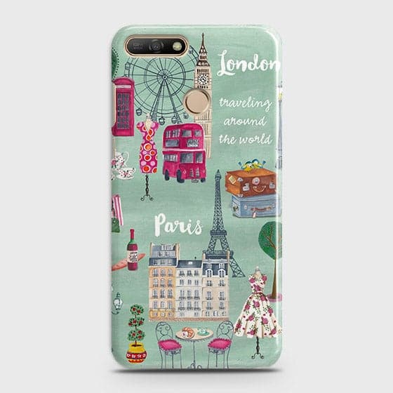 Huawei Y7 2018 Cover - Matte Finish - London, Paris, New York Modern Printed Hard Case Life Time Colors Guarantee ( Fast Delivery )