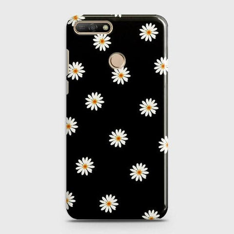 Huawei Y7 2018 Cover - Matte Finish - White Bloom Flowers with Black Background Printed Hard Case With Life Time Colors Guarantee b-70 ( Fast Delivery )