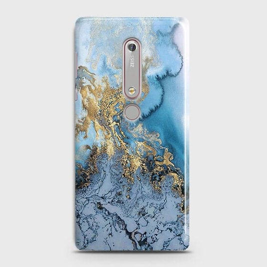 Nokia 6.1 - Trendy Golden & Blue Ocean Marble Printed Hard Case with Life Time Colors Guarantee(3) ( Fast Delivery )