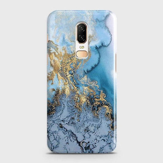 OnePlus 6 - Trendy Golden & Blue Ocean Marble Printed Hard Case with Life Time Colors Guarantee b53 ( Fast Delivery )