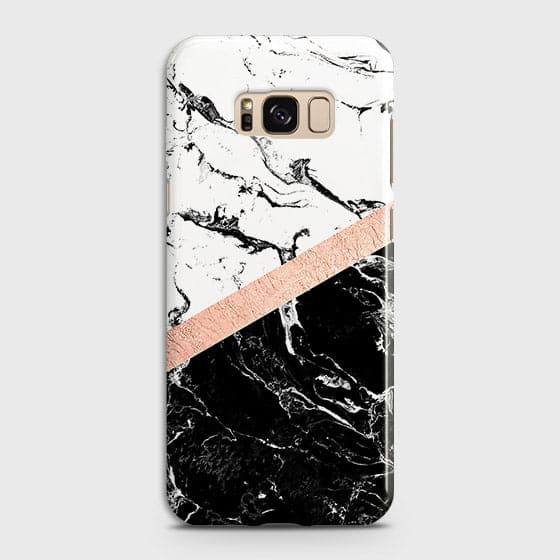 Samsung Galaxy S8 Cover - Black & White Marble With Chic RoseGold Strip Case with Life Time Colors Guarantee ( Fast Delivery )