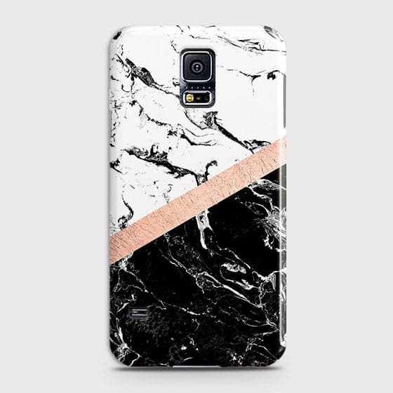 Samsung Galaxy S5 Cover - Black & White Marble With Chic RoseGold Strip Case with Life Time Colors Guarantee (Fast Delivery)