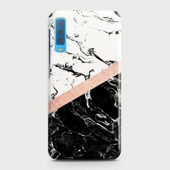 Samsung A7 2018 Cover - Black & White Marble With Chic RoseGold Strip Case with Life Time Colors Guarantee ( Fast Delivery )
