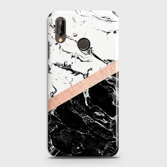 Huawei P20 Lite Cover - Black & White Marble With Chic RoseGold Strip Case with Life Time Colors Guarantee(B39) ( Fast Delivery )