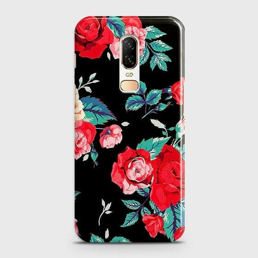 OnePlus 6 Cover - Luxury Vintage Red Flowers Printed Hard Case with Life Time Colors Guarantee ( Fast Delivery )