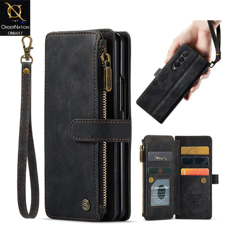 Samsung Galaxy Z Fold 4 5G Cover - Black - CaseMe Premium Leather Zipper Wallet kickstand Case with Wrist Strap