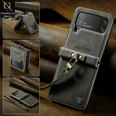 Samsung Galaxy Z Flip 4 5G Cover - Brown - Autspace Retro Leather Advance Shockproof Flip Walet Case With Wrist Strap