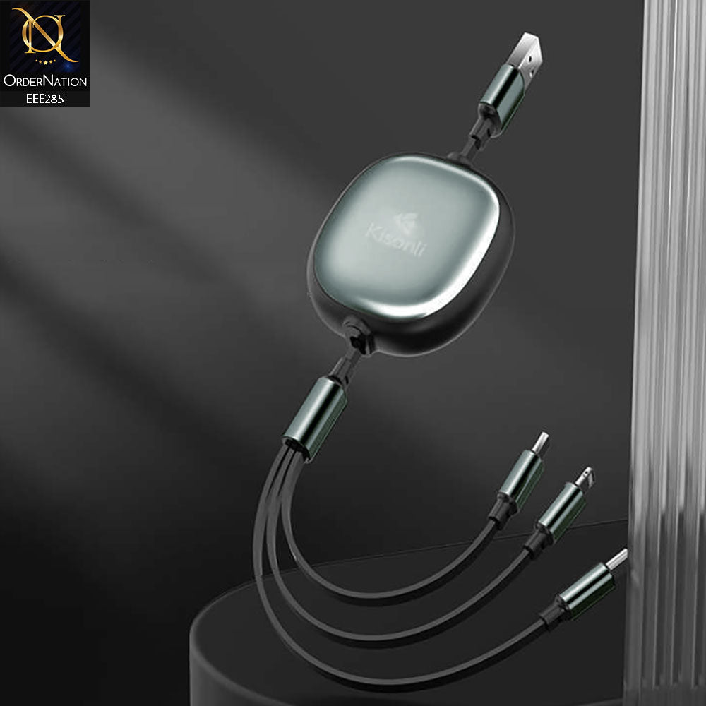 KISONLI SS-01 3 in 1 USB Multi Charging Cable Retractable 100W Fast Charging - Green