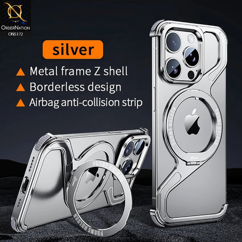 iPhone 15 Pro Max Cover - Silver - Magnetic Metal Snap-on Z Shape Geometry Stand Holder Case