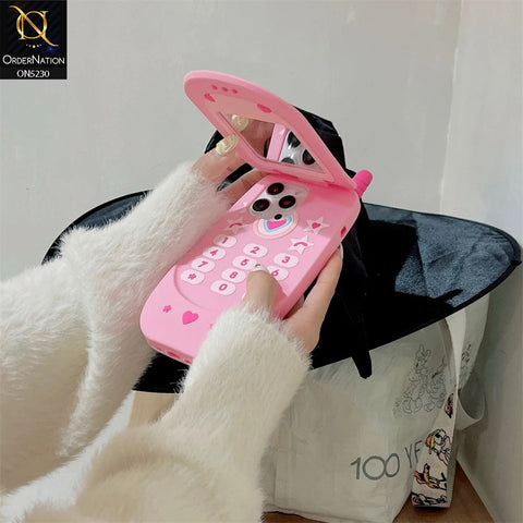 iPhone 14 Pro Cover - Pink - Cute 3D Retro Mirror Flip Phone Style Soft Silicone Case