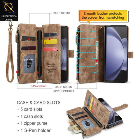 Samsung Galaxy Z Fold 5 5G Cover - Coffee - CaseMe Premium Leather Zipper Wallet kickstand Case with Wrist Strap