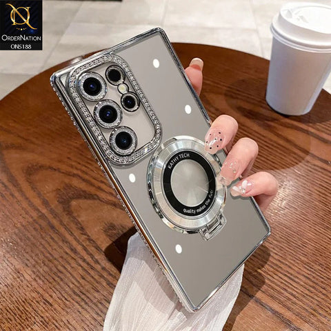 Samsung Galaxy S25 Ultra Cover - Silver - Luxury Diamond Rhinestones Color Electroplating Borders Magsafe Magnetic Stand Holder Soft Clear Case With Camera Protection