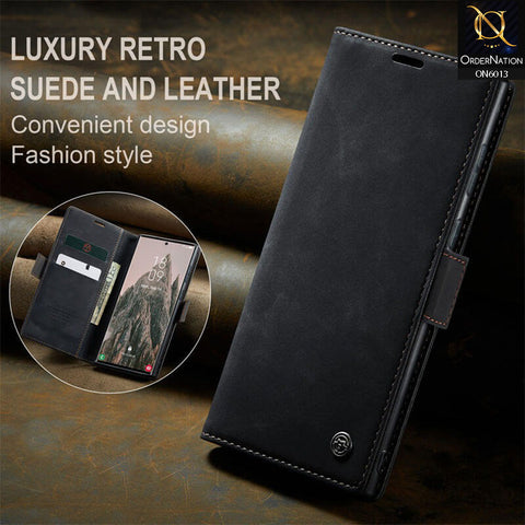Samsung Galaxy S24 Ultra Cover - Black - CaseMe Luxury Retro Suede Leather Wallet Flip Book Case