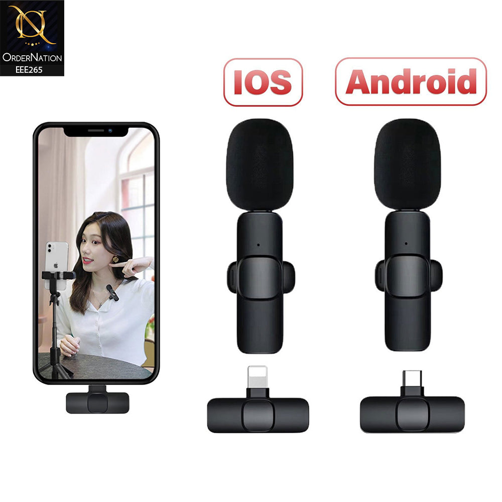 K11 Wireless Microphone for Android & iPhone Type C Supported Automatic Noise Reduction 65ft Clear Radio Clip On Microphone  - Black