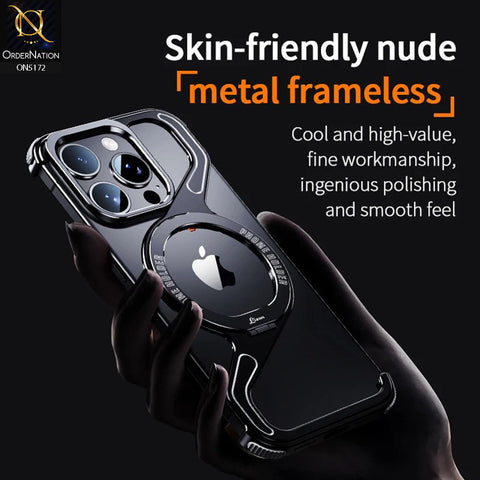 iPhone 15 Pro Max Cover - Silver - Magnetic Metal Snap-on Z Shape Geometry Stand Holder Case