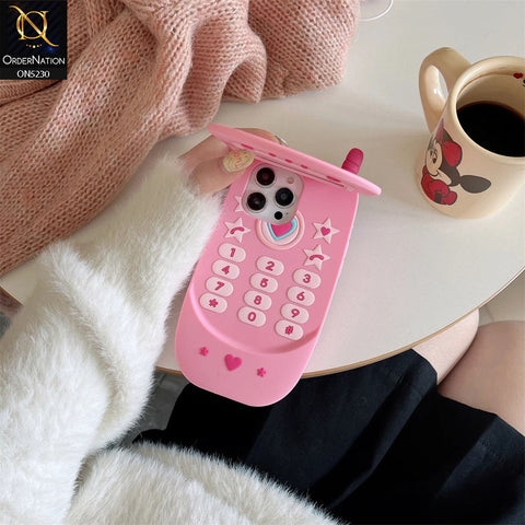 iPhone 15 Cover - Pink - Cute 3D Retro Mirror Flip Phone Style Soft Silicone Case