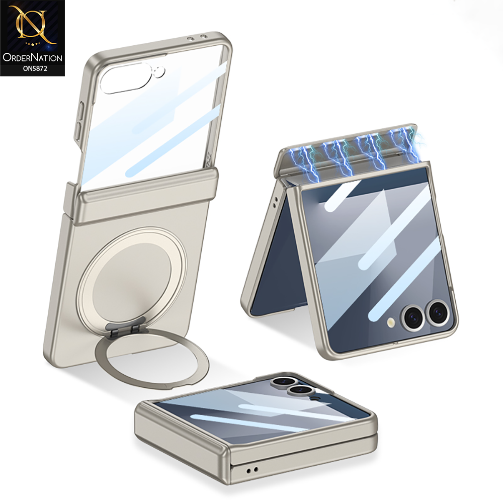 Samsung Galaxy Z Flip 7 Cover - Golden - New Premium Quality Pc With Magnatic Hinge And Glass Protection And Rotating Bracket Designed By GKK