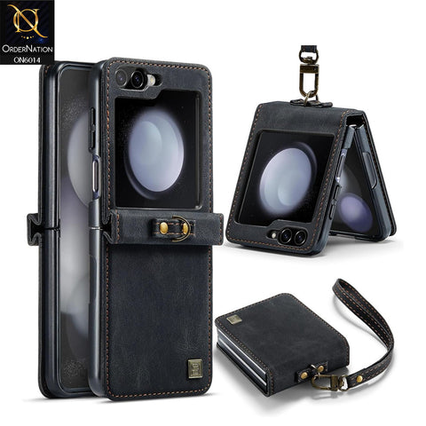 Samsung Galaxy Z Flip 5 5G Cover - Black - Autspace Retro Leather Advance Shockproof Flip Walet Case With Wrist Strap