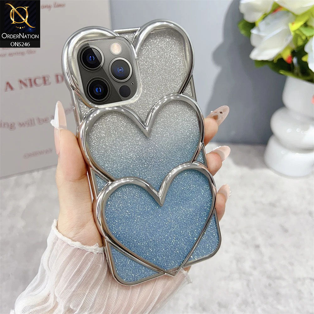iPhone 15 Pro Max Cover - Blue - New Trendy 3D Heart Gradient Bling Glitter Electroplating Borders Soft Case - (Glitter Does Not Move)