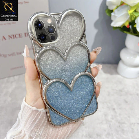 iPhone 12 Pro Cover - Blue - New Trendy 3D Heart Gradient Bling Glitter Electroplating Borders Soft Case - (Glitter Does Not Move)