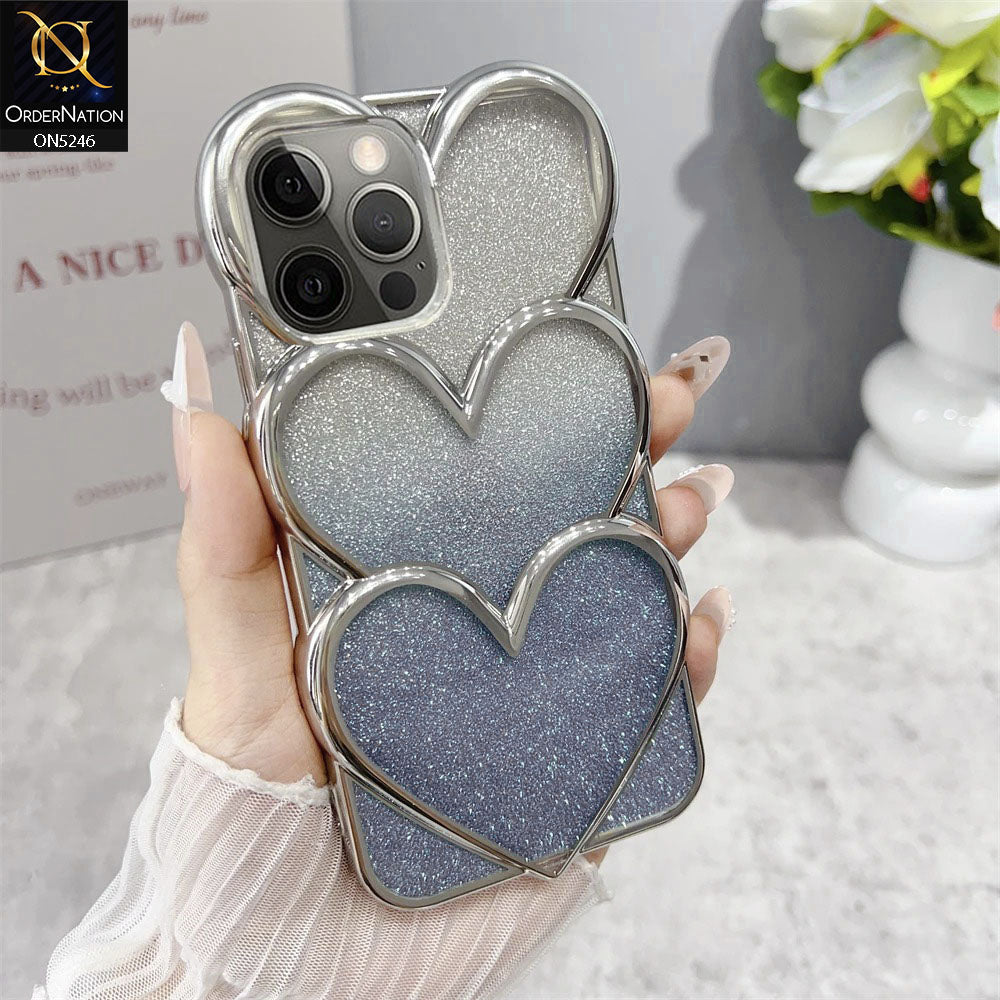 iPhone 14 Pro Max Cover - Dark Blue - New Trendy 3D Heart Gradient Bling Glitter Electroplating Borders Soft Case - (Glitter Does Not Move)