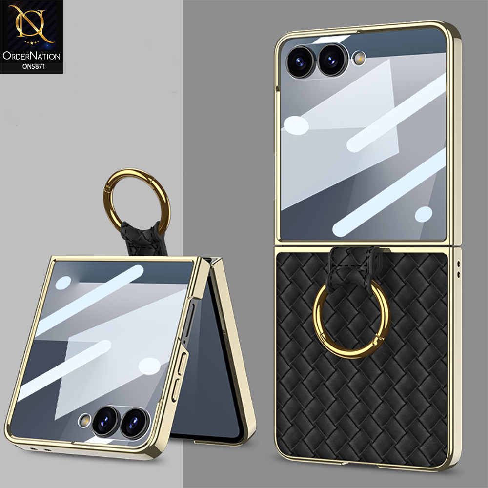 Samsung Galaxy Z Flip 7 Cover - Black - New Premium Quality Wooven Texture Electoroplated Leather Case With Ring (Weaving) Designed By GKK