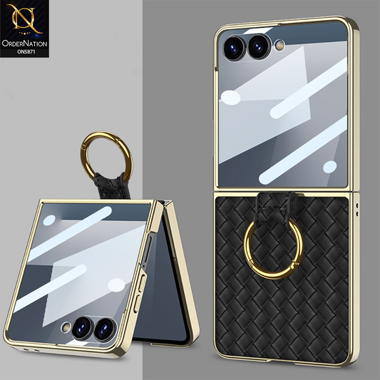 Samsung Galaxy Z Flip 7 Cover - Black - New Premium Quality Wooven Texture Electoroplated Leather Case With Ring (Weaving) Designed By GKK