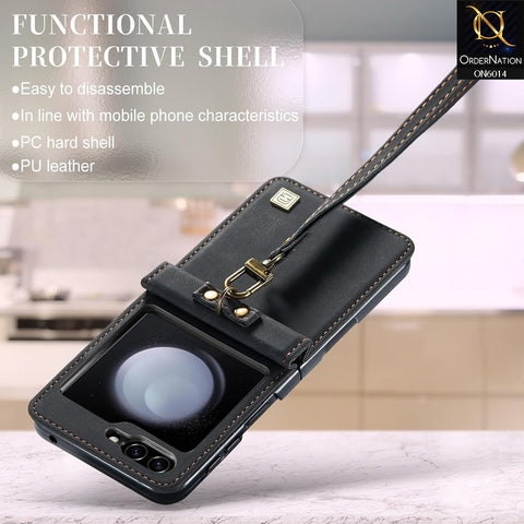 Samsung Galaxy Z Flip 5 5G Cover - Black - Autspace Retro Leather Advance Shockproof Flip Walet Case With Wrist Strap