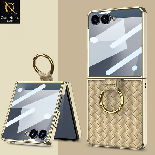 Samsung Galaxy Z Flip 7 Cover - Golden - New Premium Quality Wooven Texture Electoroplated Leather Case With Ring (Weaving) Designed By GKK
