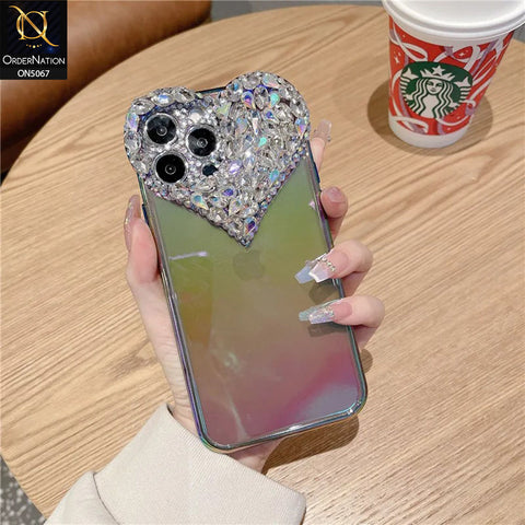 iPhone 14 Pro Max Cover - Purple - Shiny Bling Rhinestones 3D Heart Laser Electroplating Gradient Colour Soft TPU Case